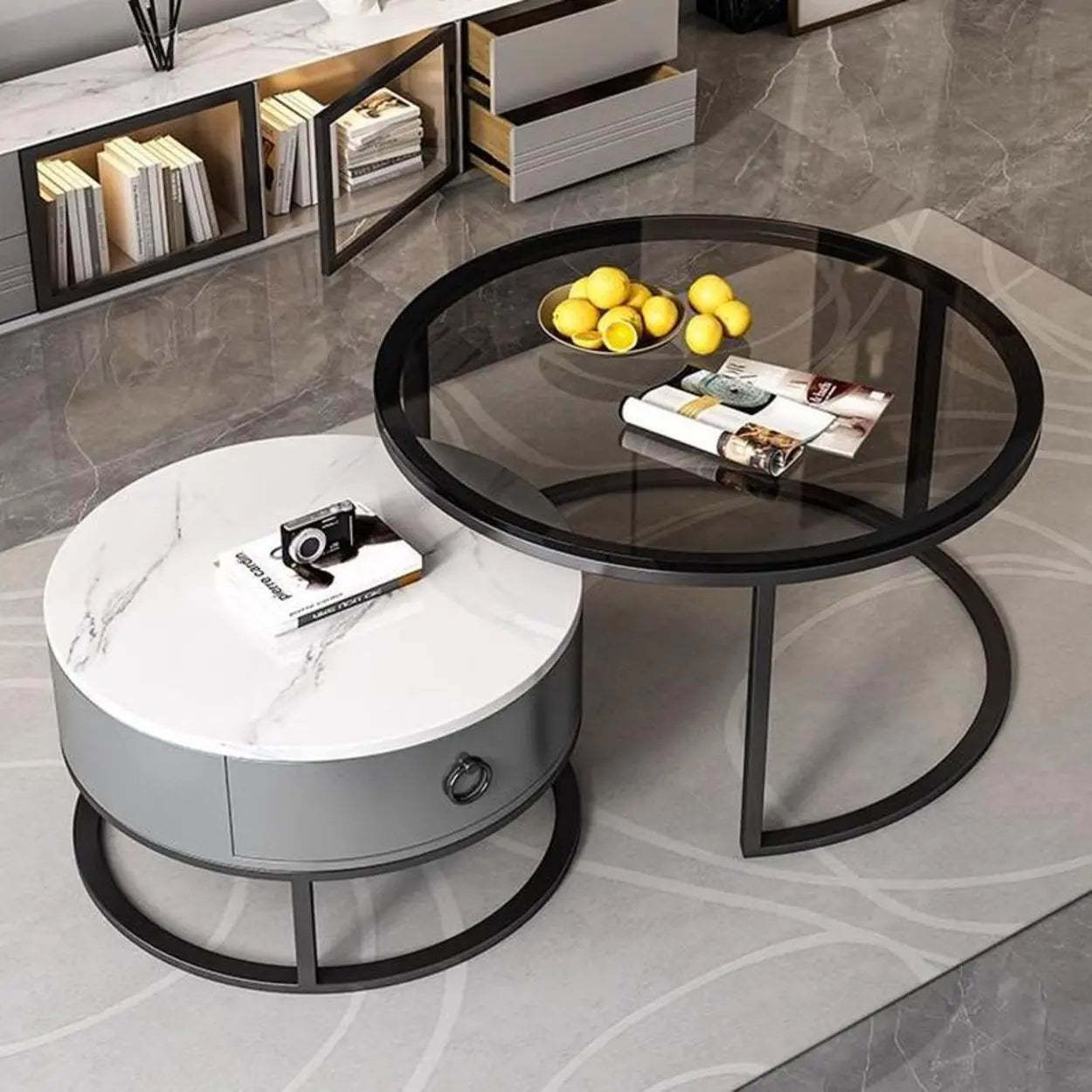 Glam Round Stone Drawer Nesting Coffee Table — Gold / Tawny/ White