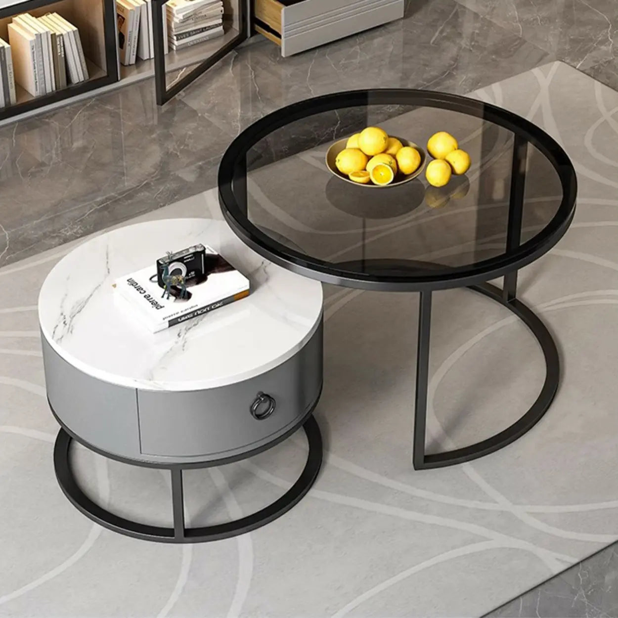 Glam Round Stone Drawer Nesting Coffee Table — Black / Grey/ White