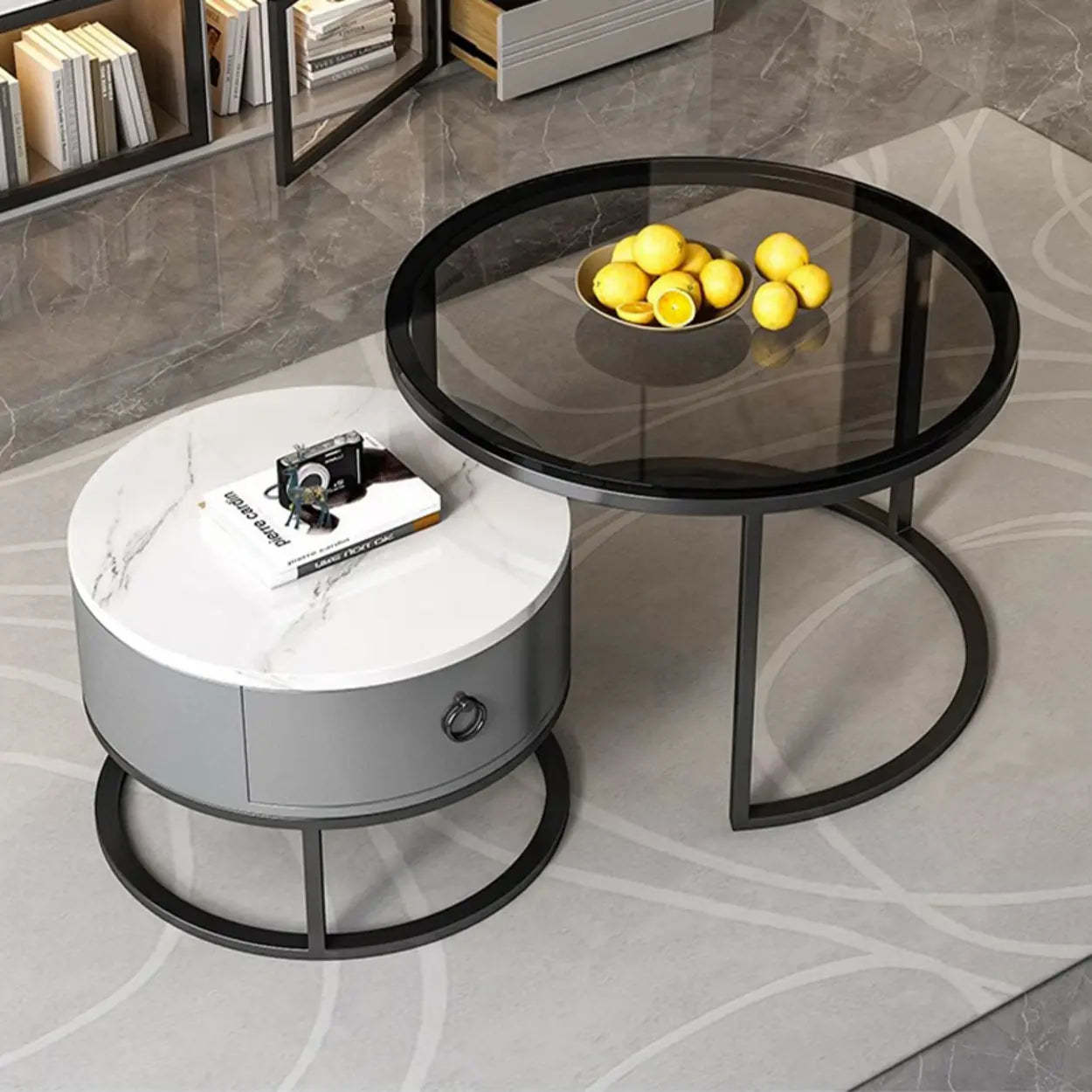 Lighom luxury round drawer black coffee tables in stone — 24" Dia x 18" H & 18" Dia x 14.5" H / Gray & White