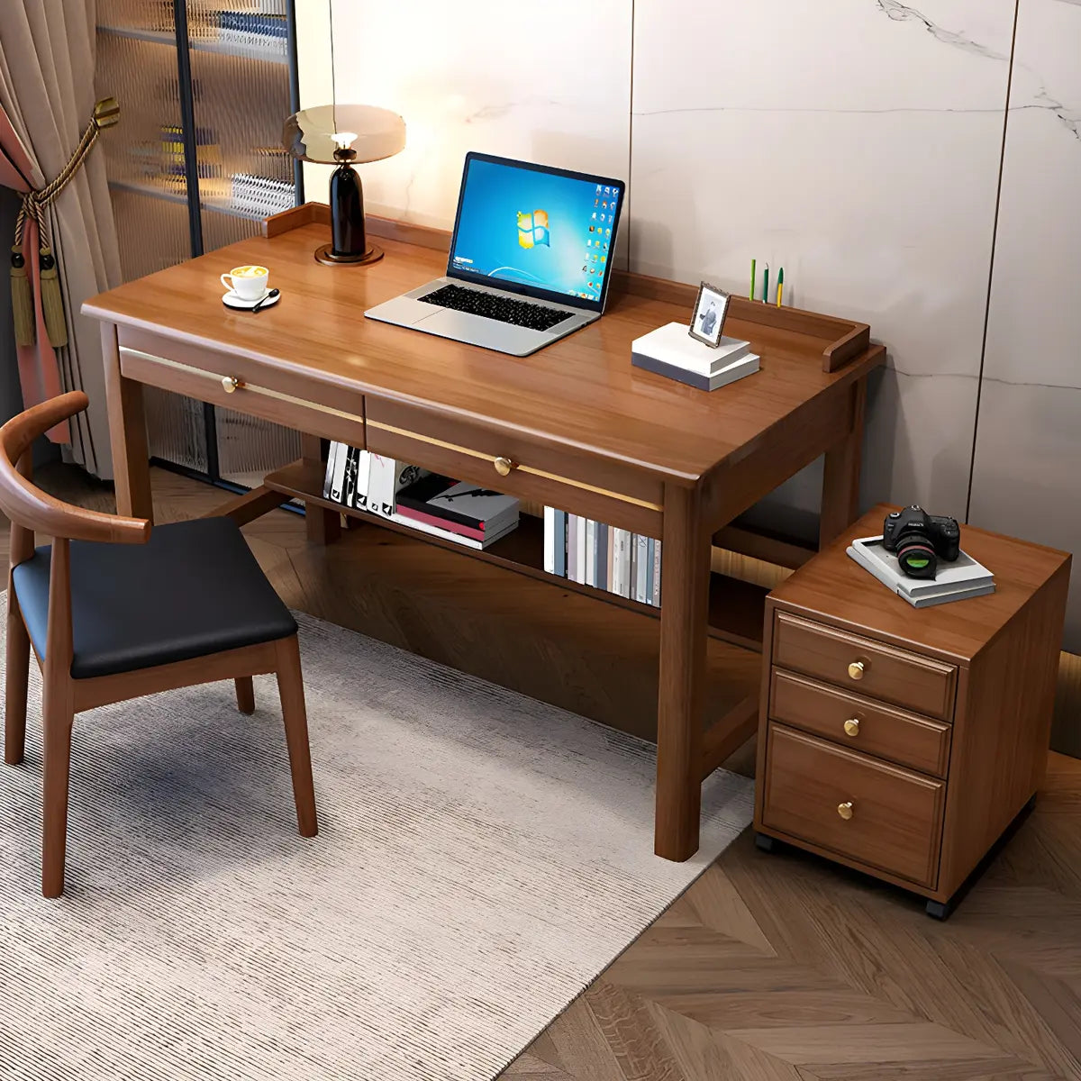 Glam Rubberwood Shelf Drawer H-Shape Writing Desk — Blue / Without Chairs