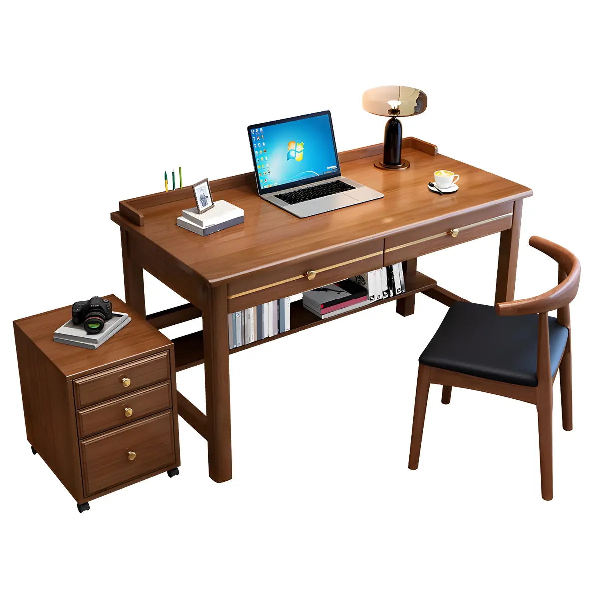 Glam Rubberwood Shelf Drawer H-Shape Writing Desk — Pink / Without Chairs