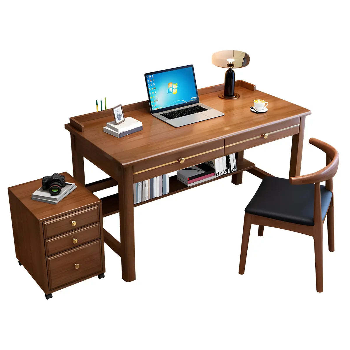 Glam Rubberwood Shelf Drawer H-Shape Writing Desk — Pink / Without Chairs
