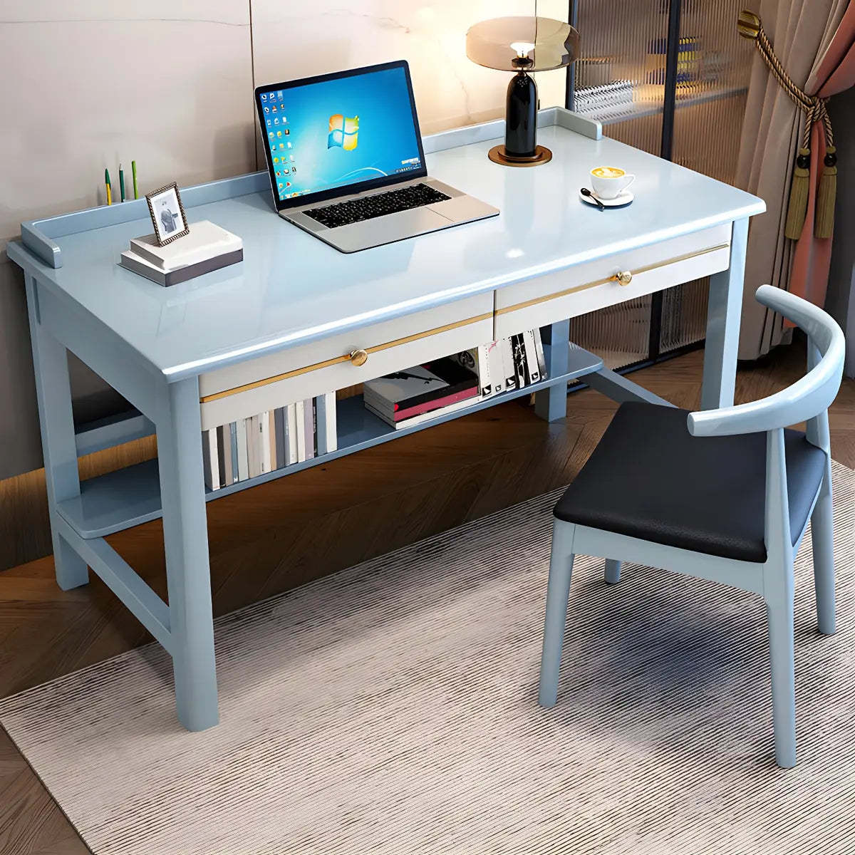 Glam Rubberwood Shelf Drawer H-Shape Writing Desk — Walnut / Without Chairs