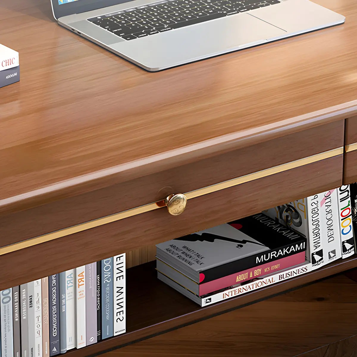 Glam Rubberwood Shelf Drawer H-Shape Writing Desk