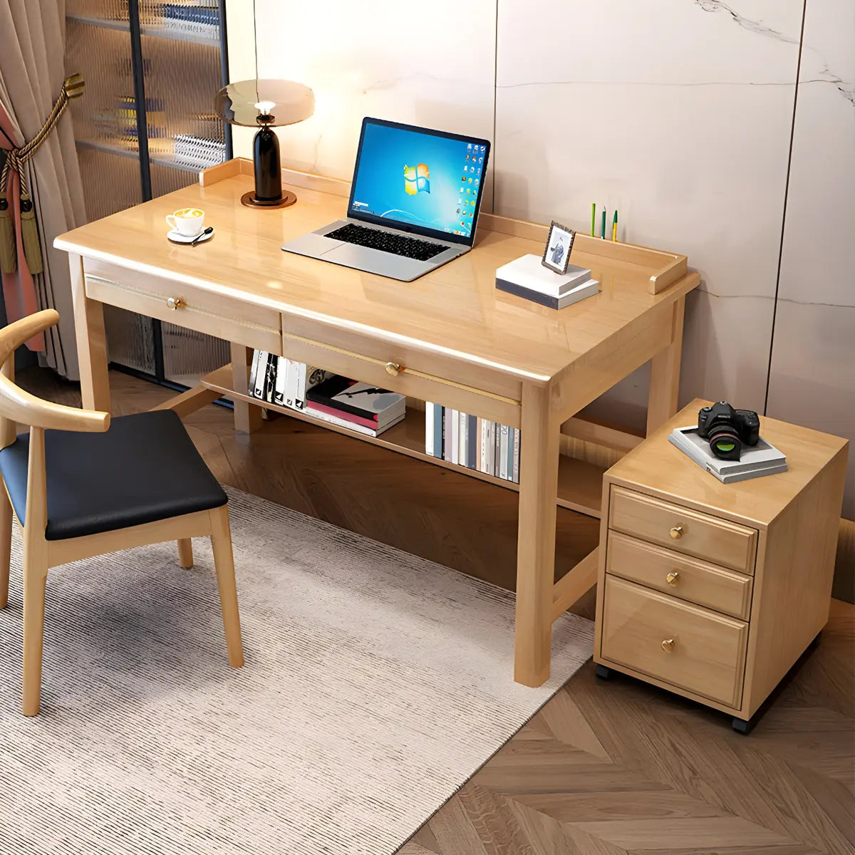 Glam Rubberwood Shelf Drawer H-Shape Writing Desk