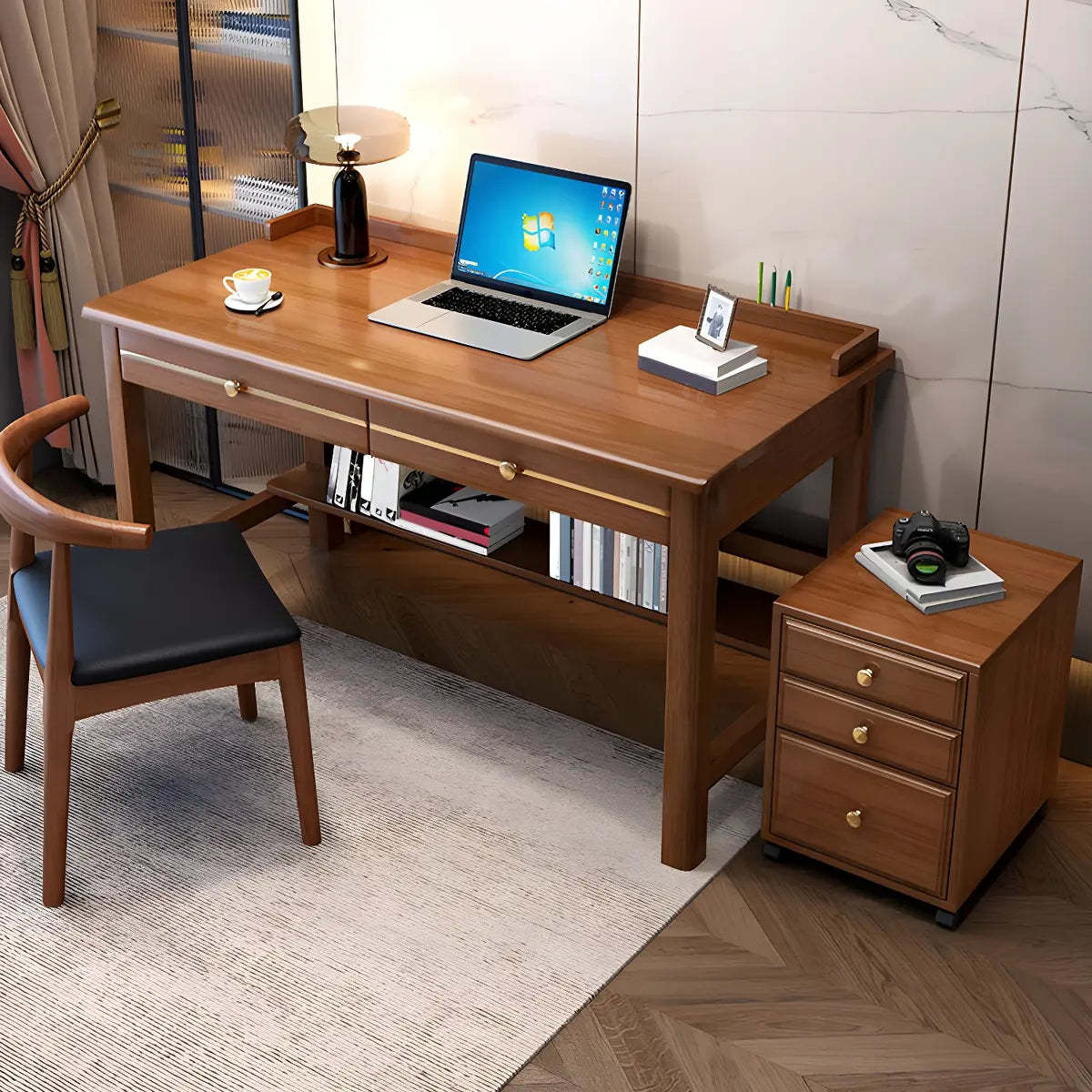 Glam Rubberwood Shelf Drawer H-Shape Writing Desk — Blue / Without Chairs