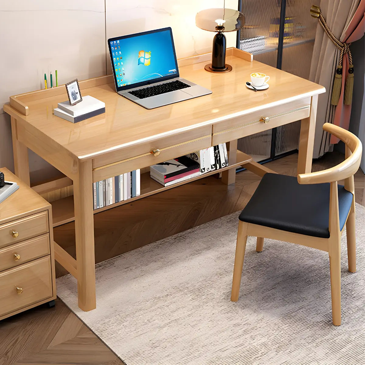 Glam Rubberwood Shelf Drawer H-Shape Writing Desk — Grey / Without Chairs