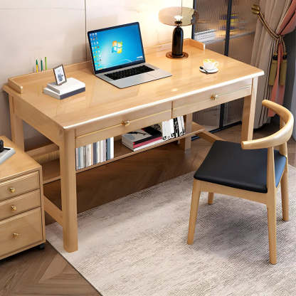 Glam Rubberwood Shelf Drawer H-Shape Writing Desk — Grey / Without Chairs