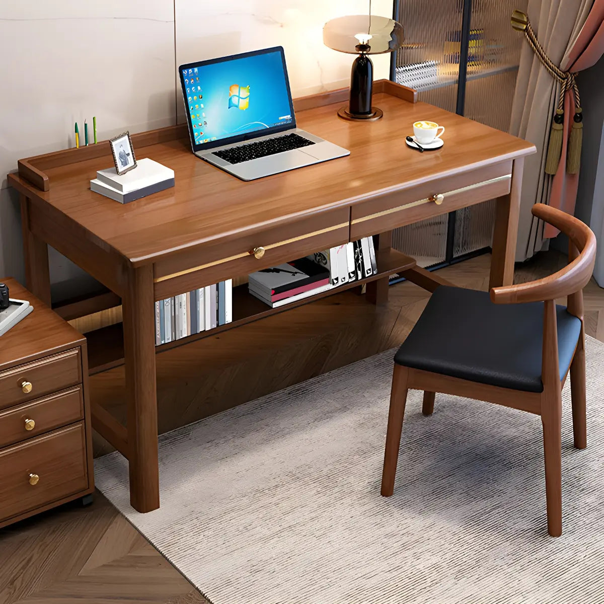 Glam Rubberwood Shelf Drawer H-Shape Writing Desk — Natural Finish / Without Chairs