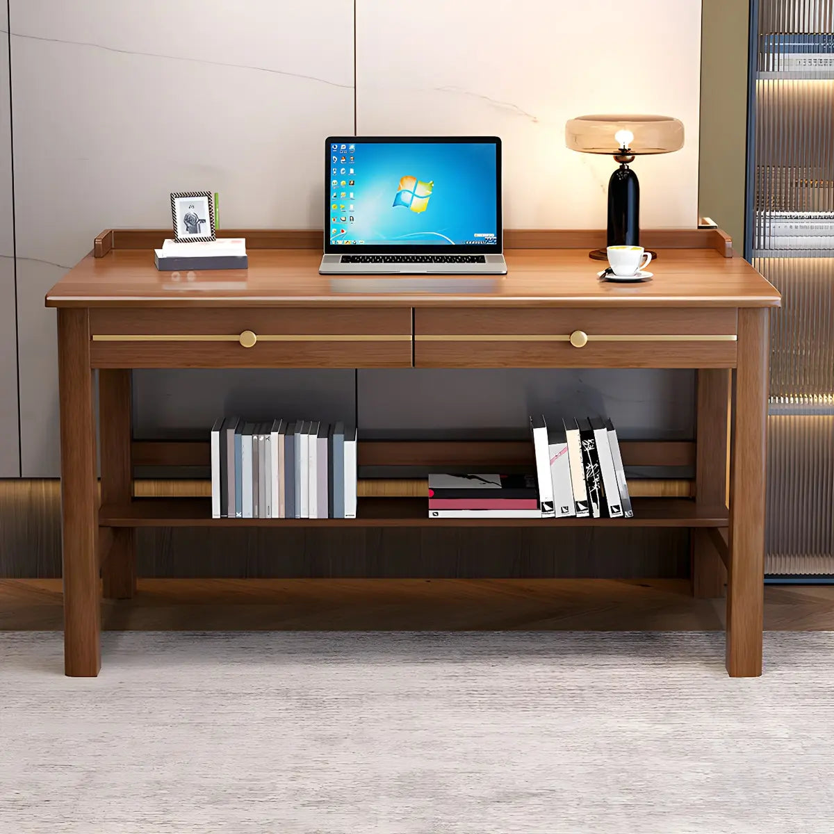 Glam Rubberwood Shelf Drawer H-Shape Writing Desk — Pink / Without Chairs