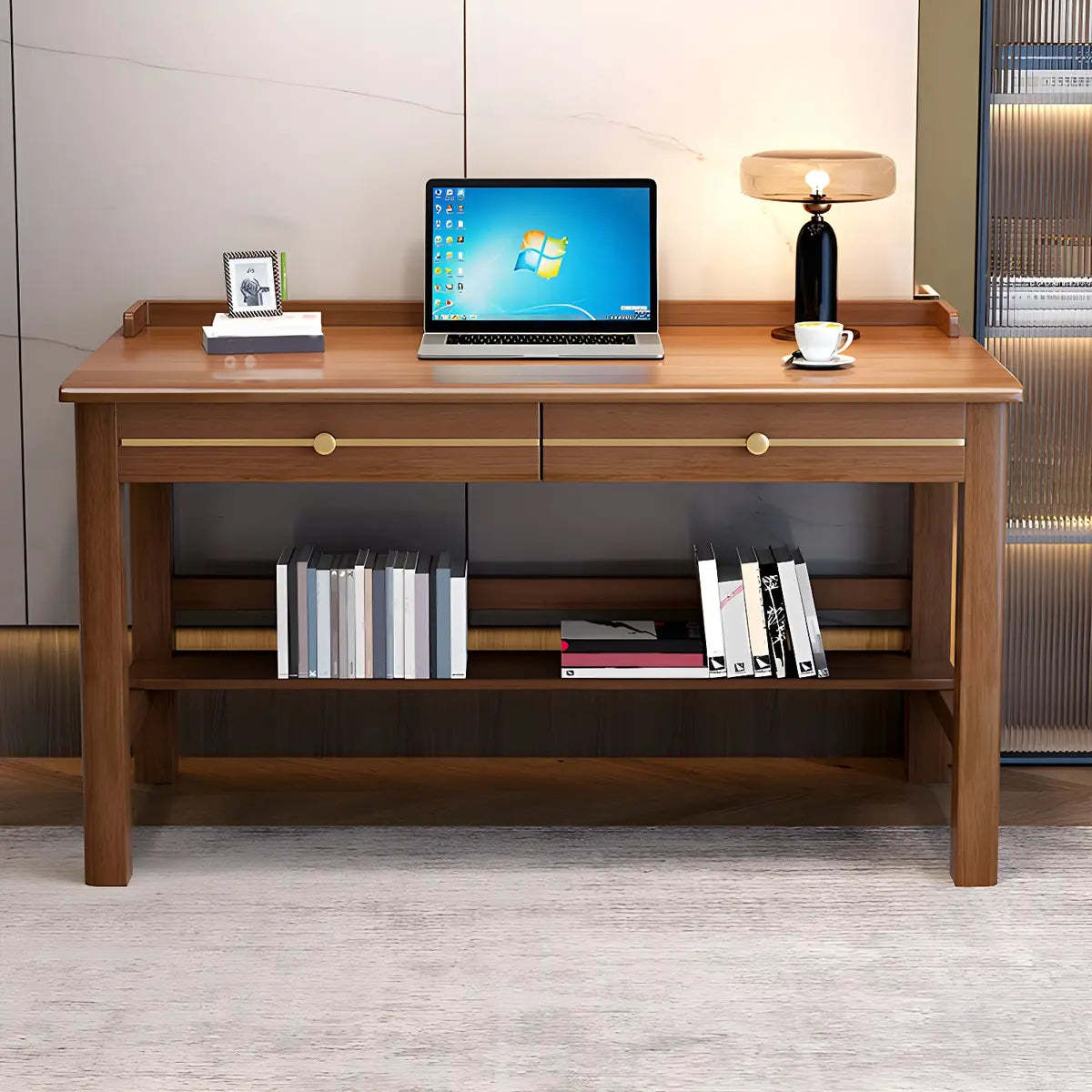 Glam Rubberwood Shelf Drawer H-Shape Writing Desk — Pink / Without Chairs