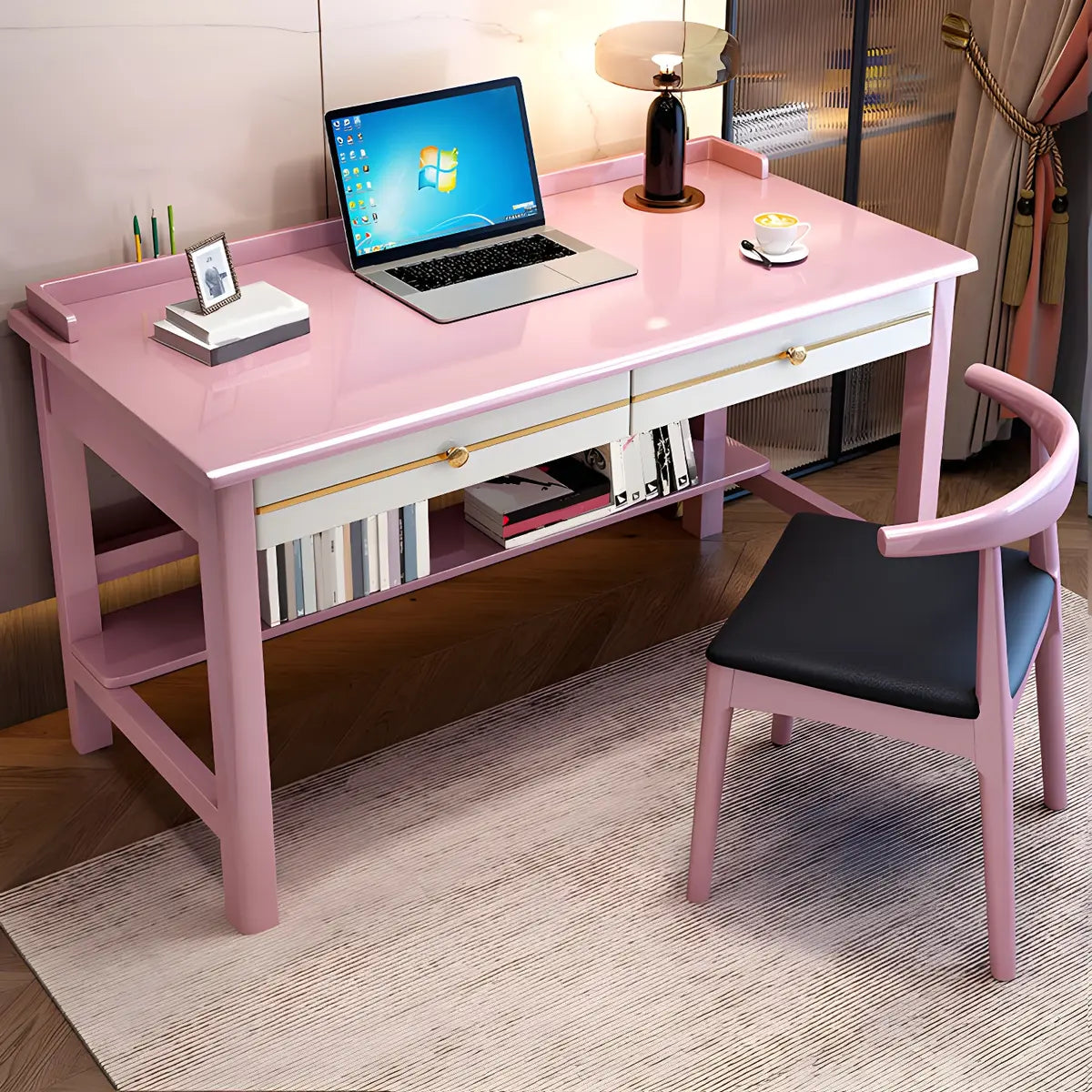 Glam Rubberwood Shelf Drawer H-Shape Writing Desk — Walnut / Without Chairs