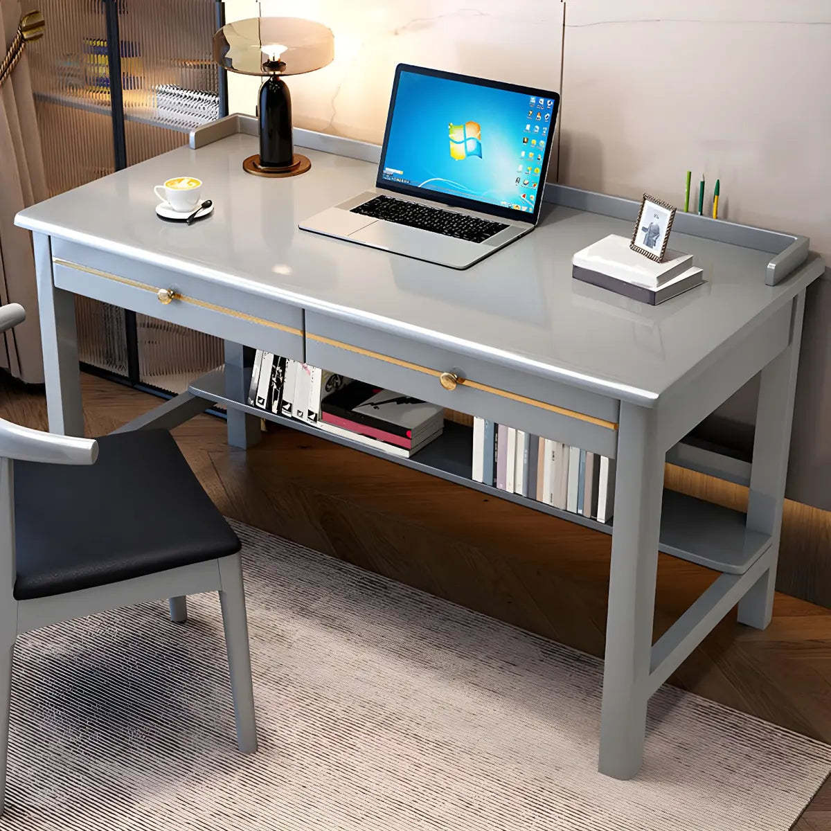 Glam Rubberwood Shelf Drawer H-Shape Writing Desk — White / Without Chairs