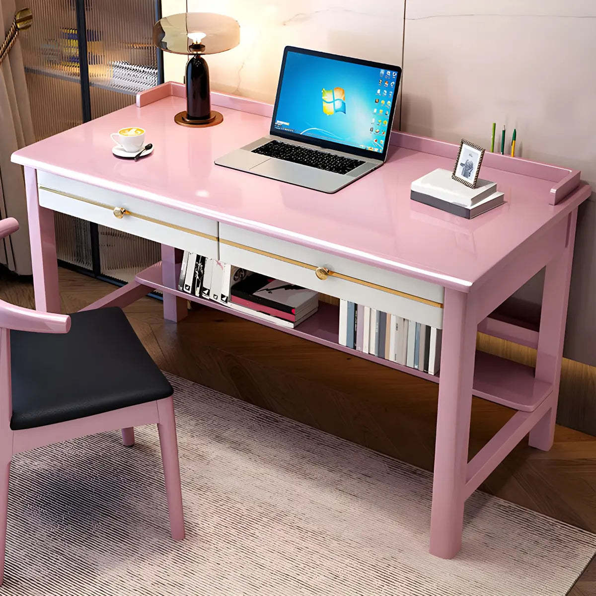 Glam Rubberwood Shelf Drawer H-Shape Writing Desk — Blue / Without Chairs