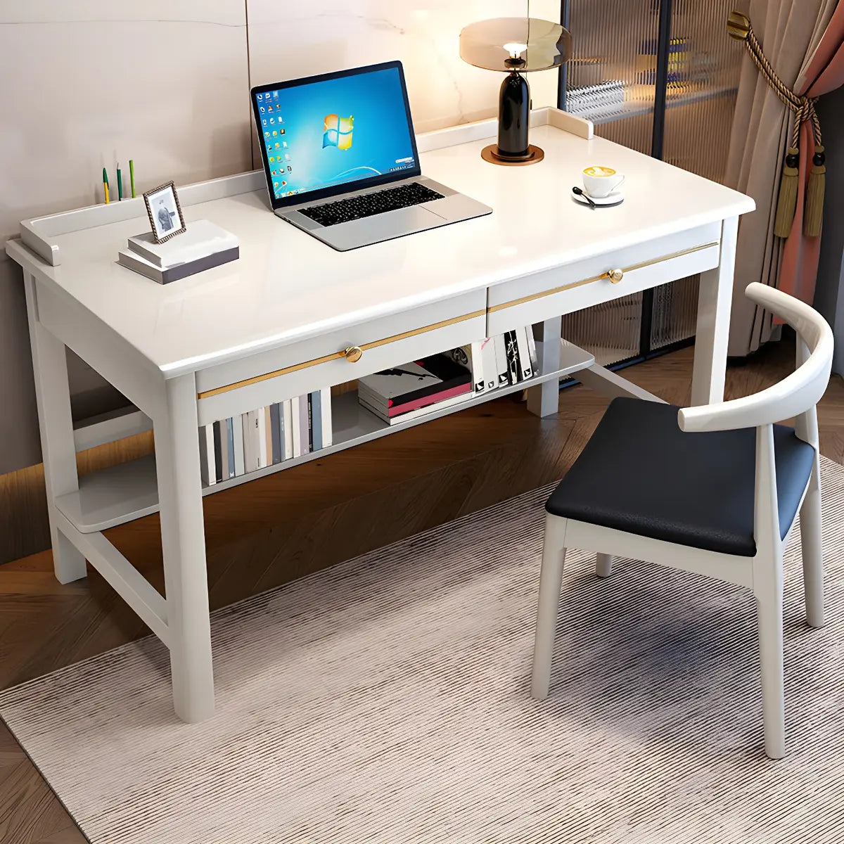 Glam Rubberwood Shelf Drawer H-Shape Writing Desk — Grey / Without Chairs