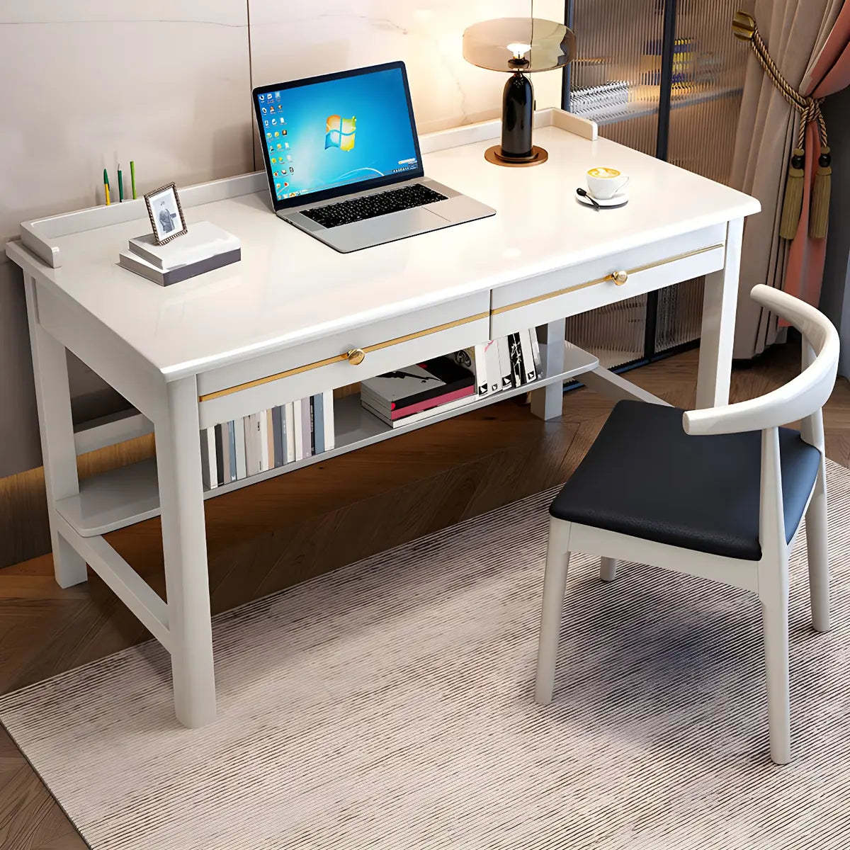 Glam Rubberwood Shelf Drawer H-Shape Writing Desk — Grey / Without Chairs