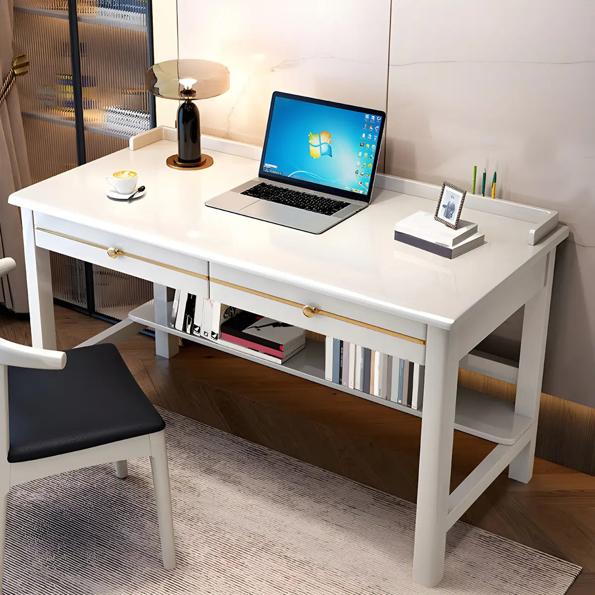 Glam Rubberwood Shelf Drawer H-Shape Writing Desk — Natural Finish / Without Chairs