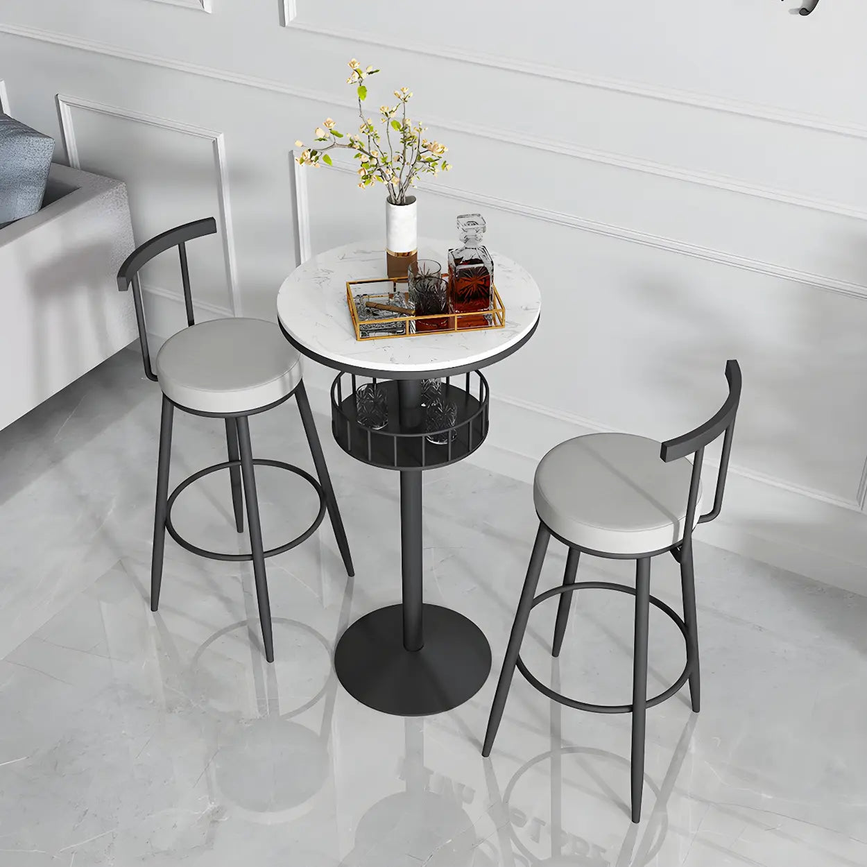 Glam Small Marble Metal Bar Table with Shelf