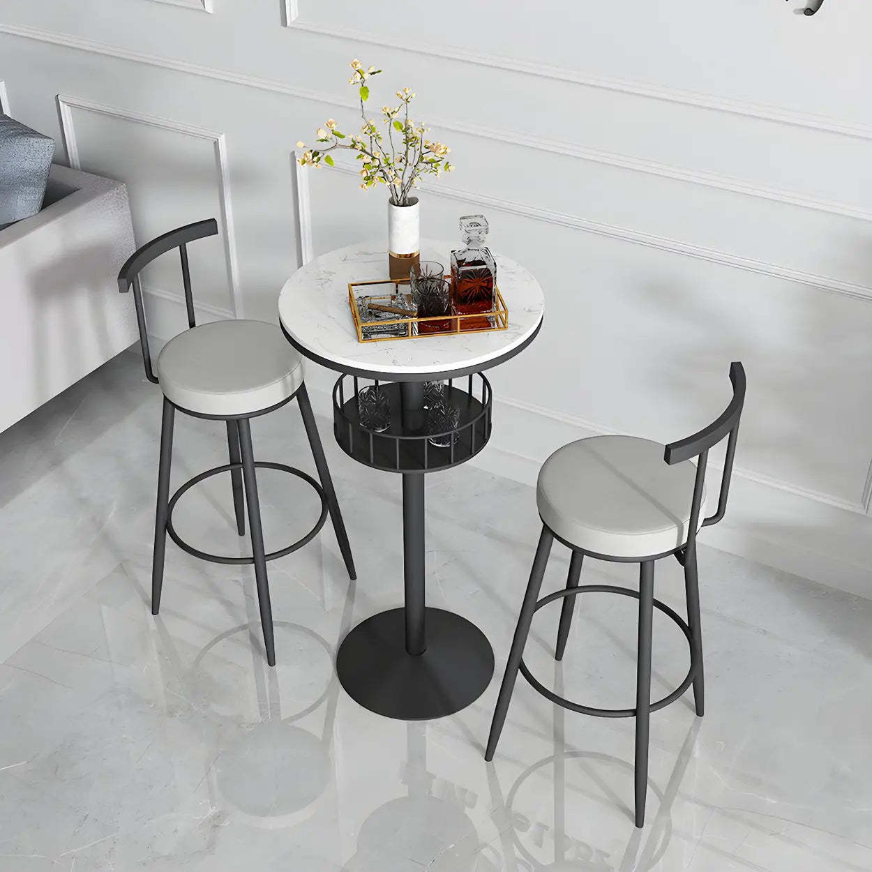 Glam Small Marble Metal Bar Table with Shelf — Black / Round / Without Chairs