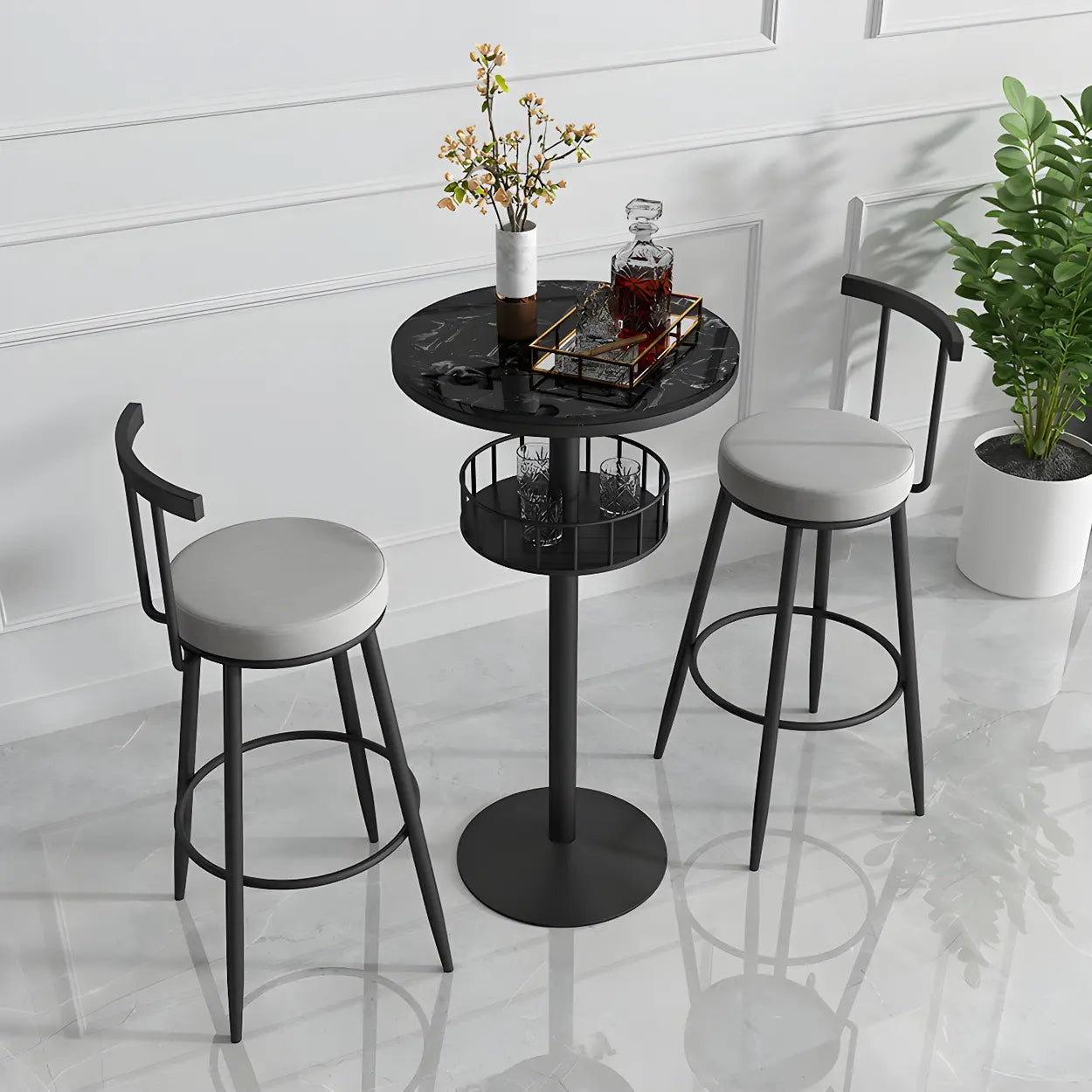 Glam Small Marble Metal Bar Table with Shelf — Black and White / Round / Without Chairs