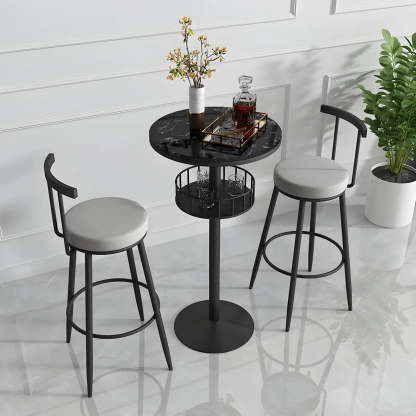 Glam Small Marble Metal Bar Table with Shelf — Black and White / Round / Without Chairs