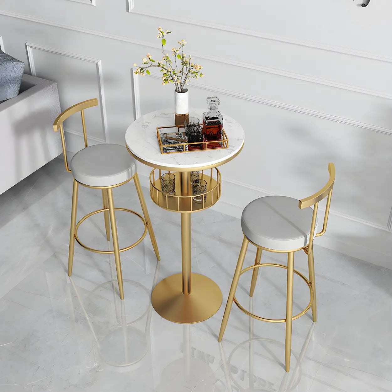 Glam Small Marble Metal Bar Table with Shelf — Black-Gold / Round / Without Chairs