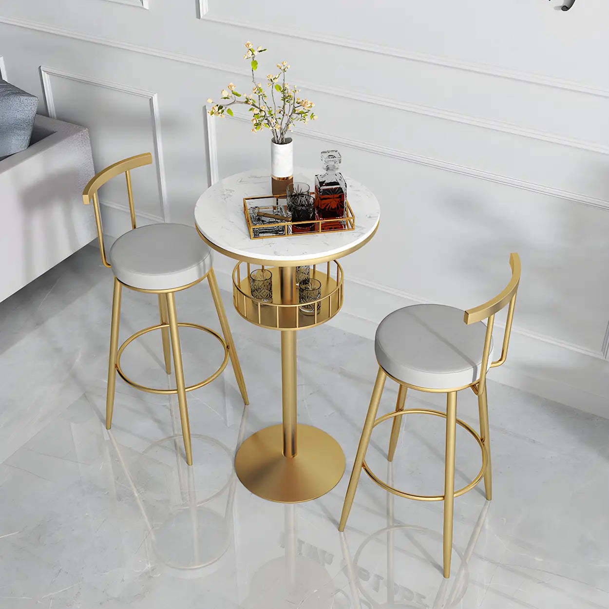 Glam Small Marble Metal Bar Table with Shelf — Black-Gold / Round / Without Chairs
