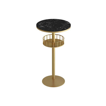 Glam Small Marble Metal Bar Table with Shelf — White-Gold / Round / Without Chairs