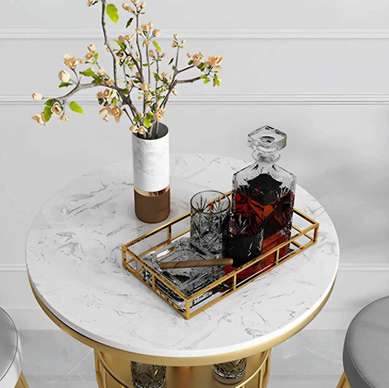 Glam Small Marble Metal Bar Table with Shelf