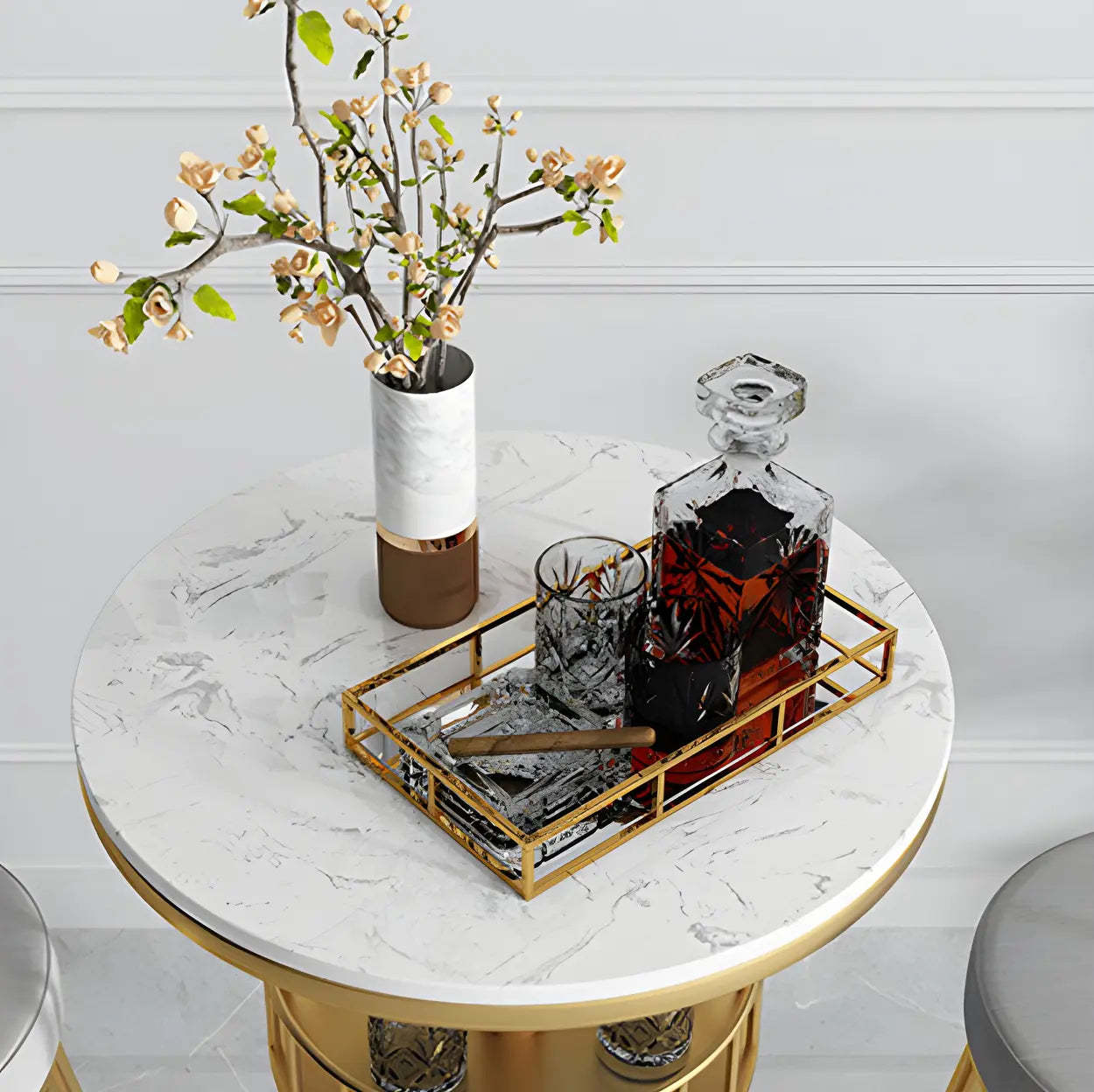 Glam Small Marble Metal Bar Table with Shelf