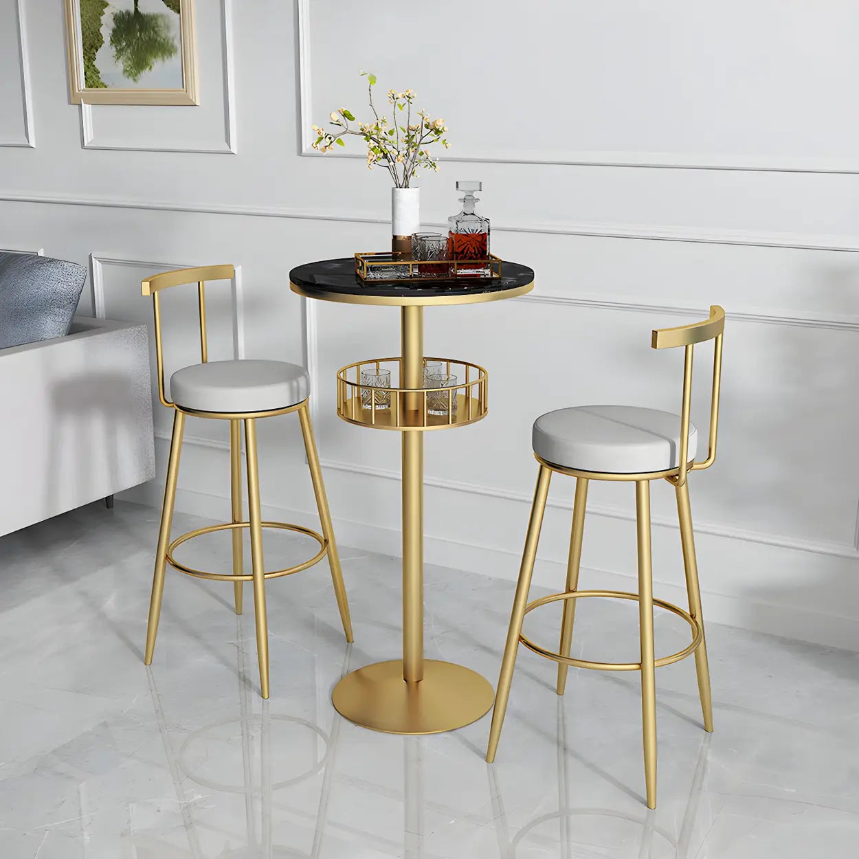 Glam Small Marble Metal Bar Table with Shelf