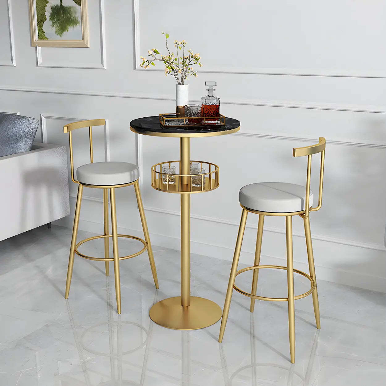 Glam Small Marble Metal Bar Table with Shelf