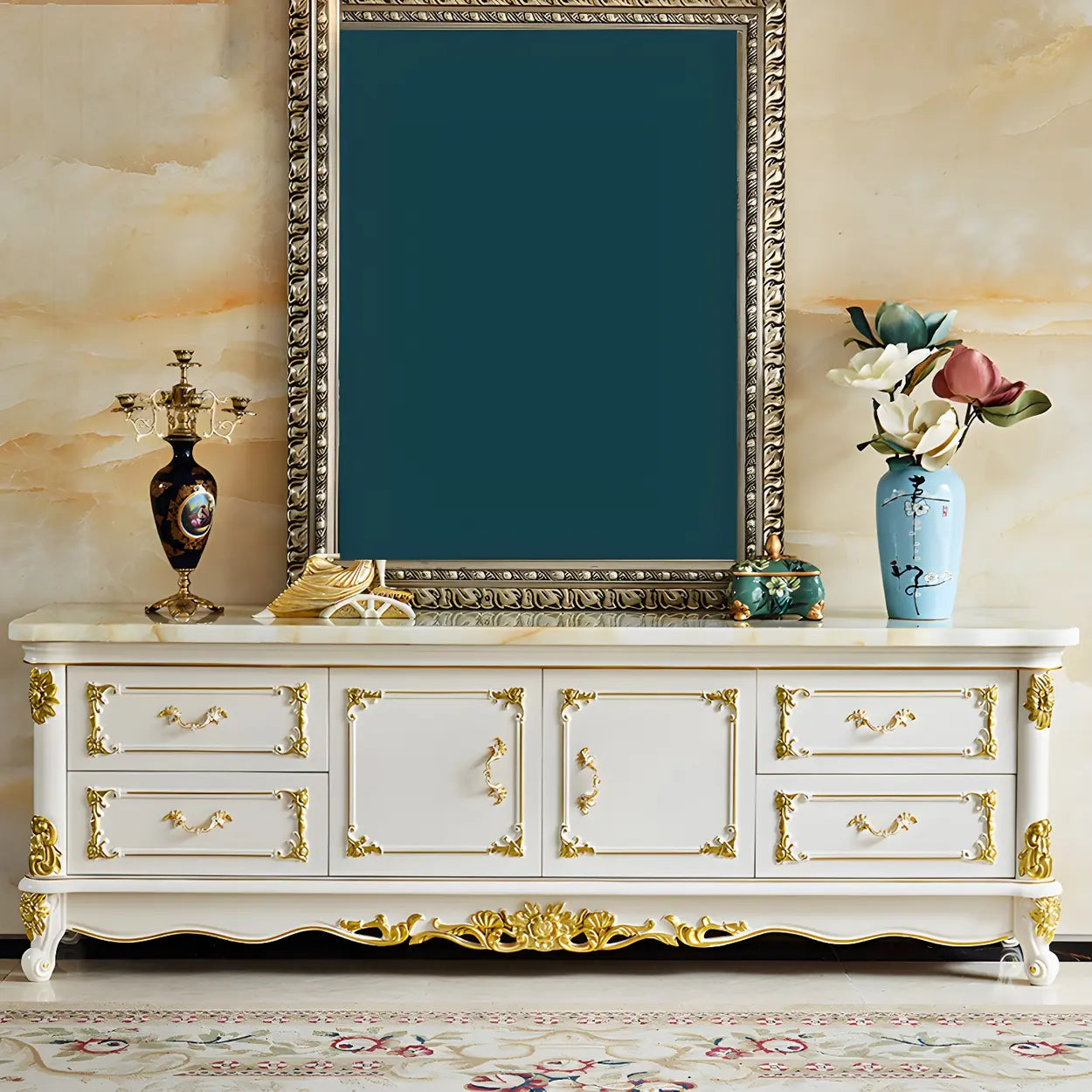 Stone and Oak TV Stand with Cabinet — Stone