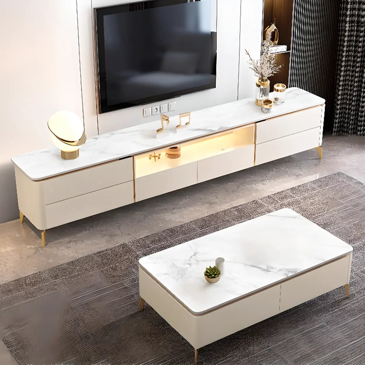 Glam Stone Rectangular TV Stand with Open Storage Drawers