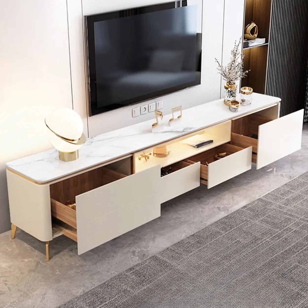 Glam Stone Rectangular TV Stand with Open Storage Drawers — Beige