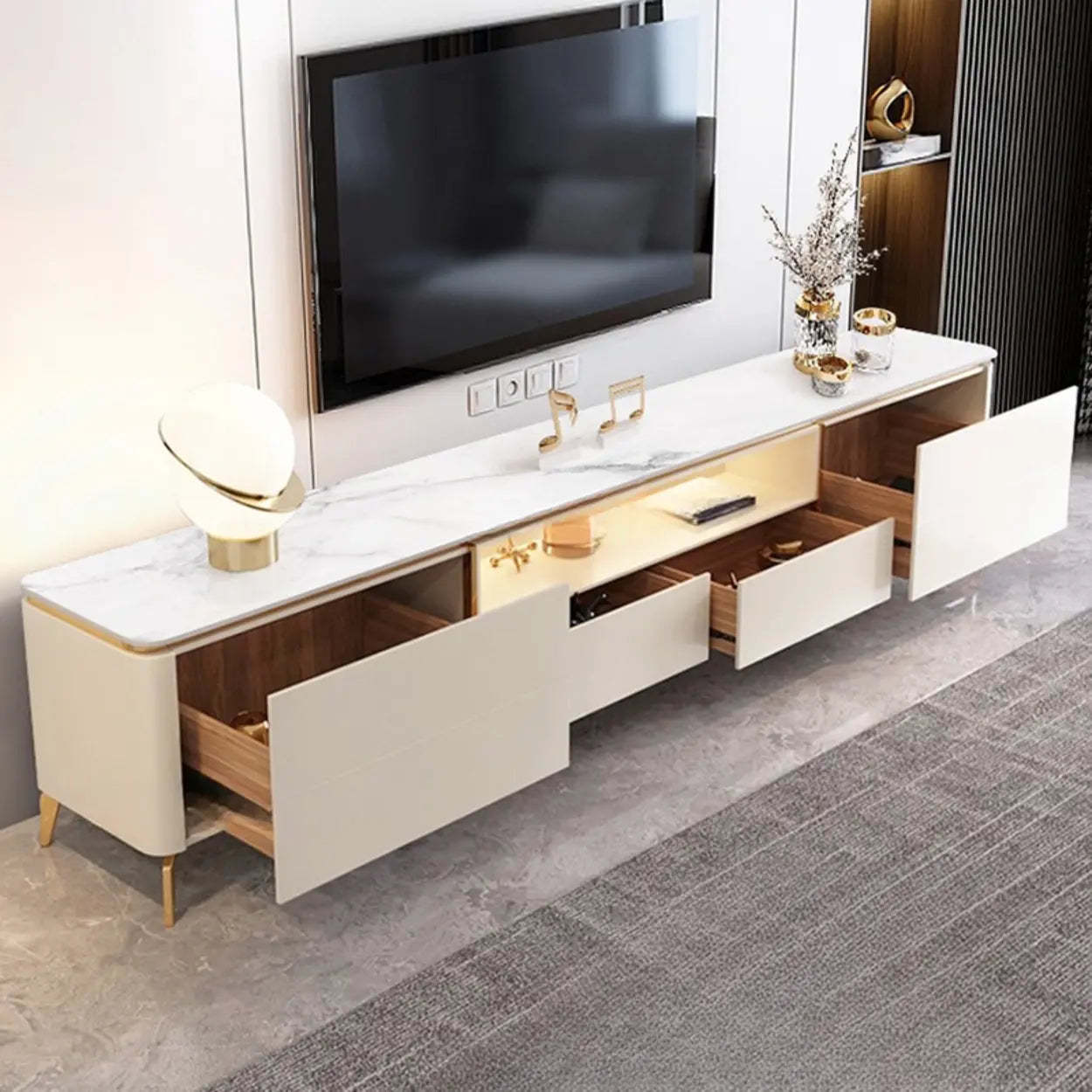 Glam Stone Rectangular TV Stand with Open Storage Drawers — Beige