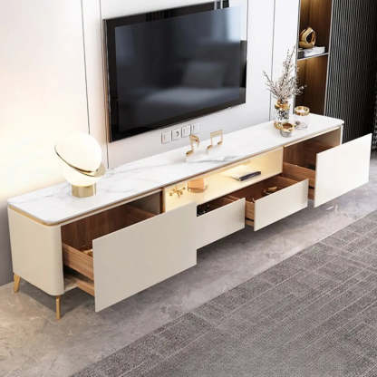 Glam Stone Rectangular TV Stand with Open Storage Drawers — Beige