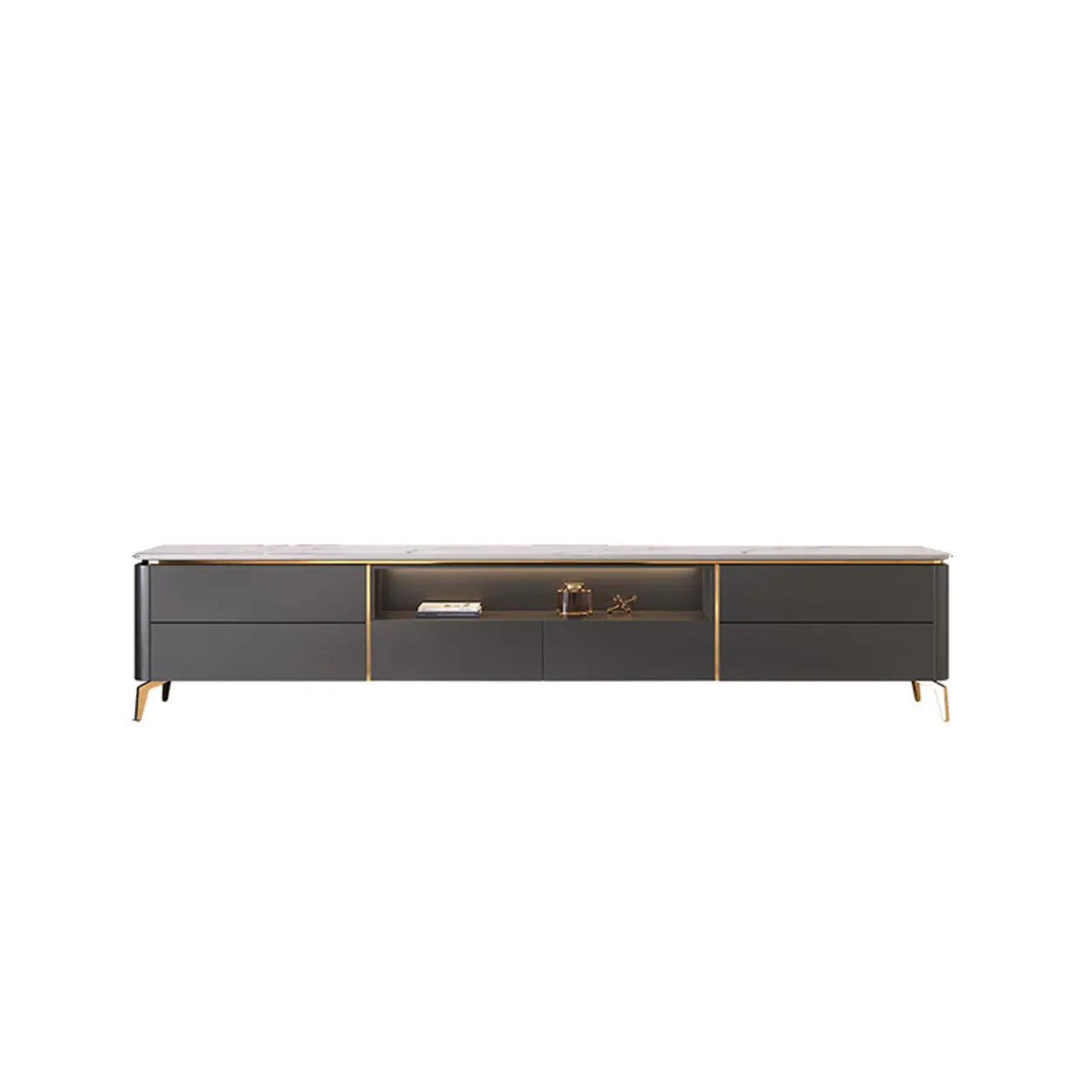 Glam Stone Rectangular TV Stand with Open Storage Drawers — Black-Gray