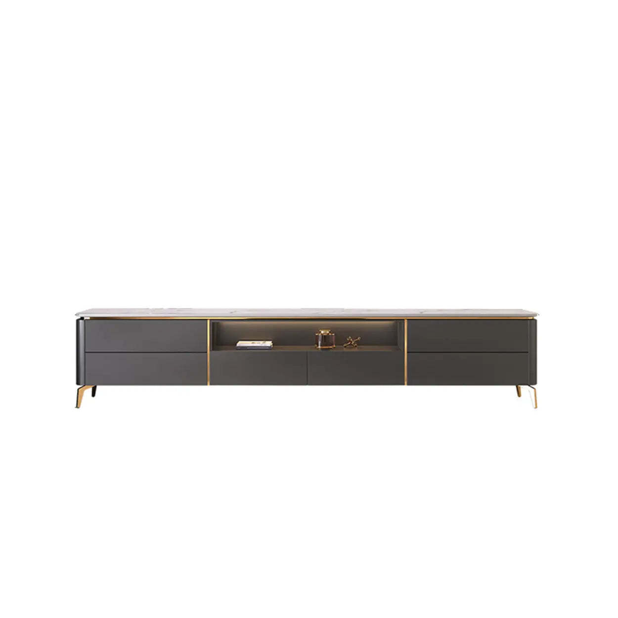 Glam Stone Rectangular TV Stand with Open Storage Drawers — Black-Gray