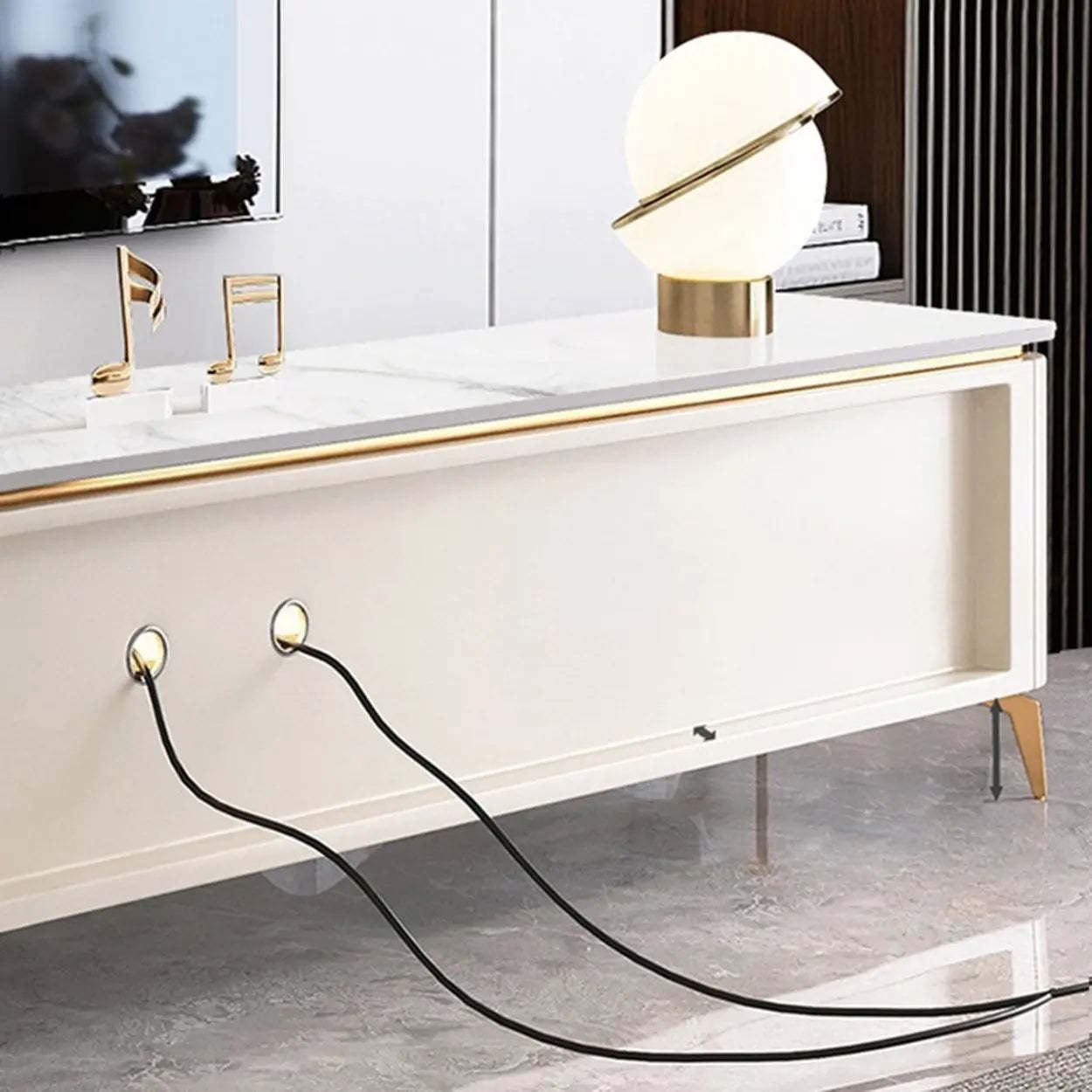 Glam Stone Rectangular TV Stand with Open Storage Drawers