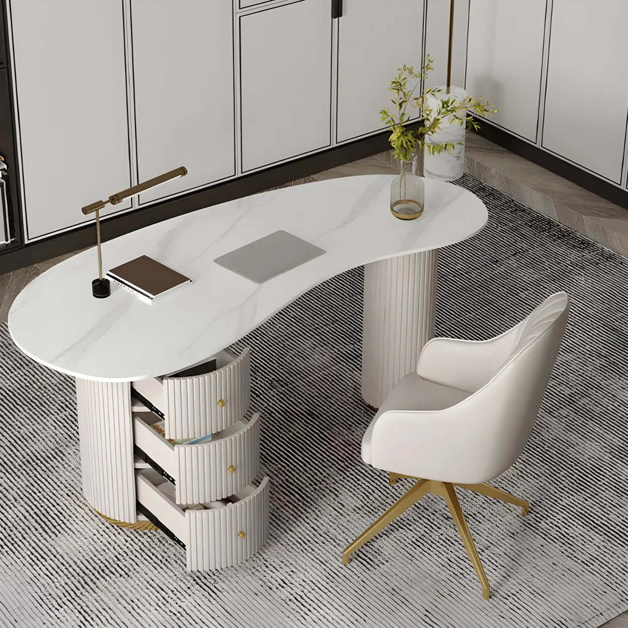 Glam Textured White Stone Free-Form Drawer Writing Desk