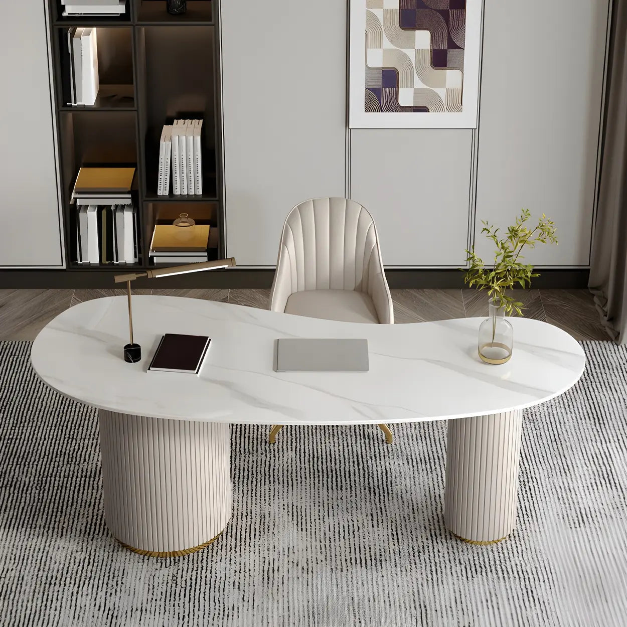 Glam Textured White Stone Free-Form Drawer Writing Desk