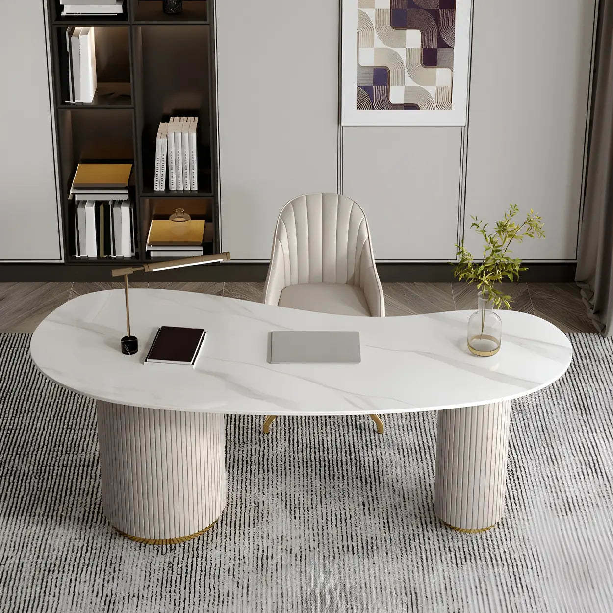Glam Textured White Stone Free-Form Drawer Writing Desk — White / Table Only