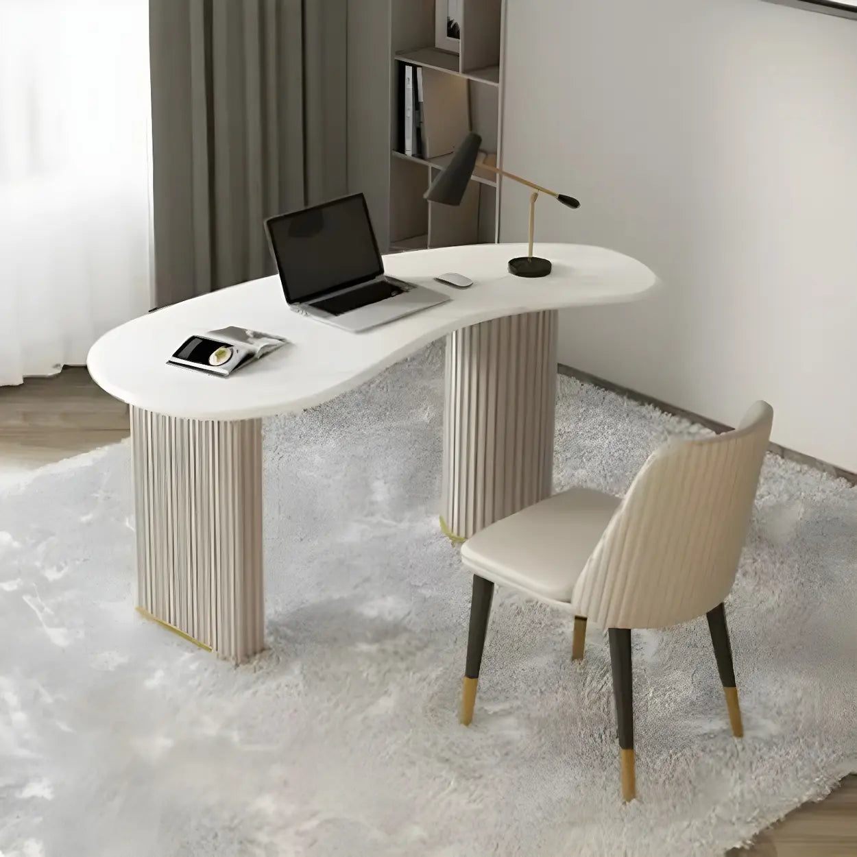 Glam Textured White Stone Free-Form Drawer Writing Desk
