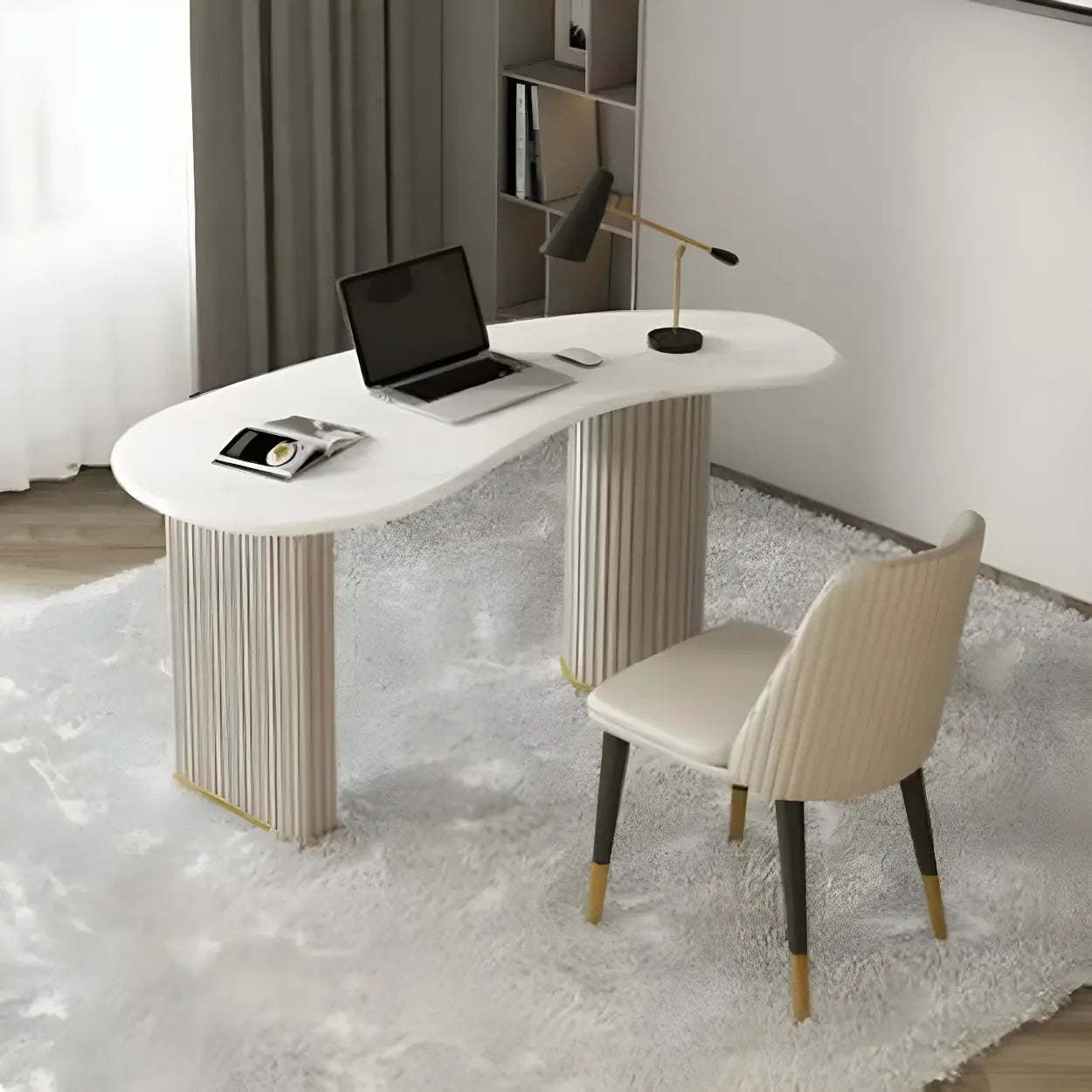 Glam Textured White Stone Free-Form Drawer Writing Desk