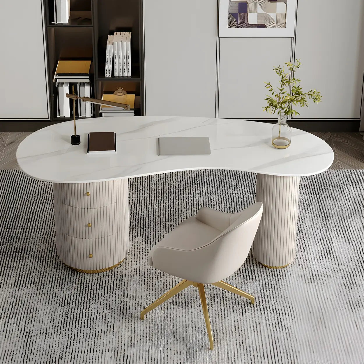 Glam Textured White Stone Free-Form Drawer Writing Desk — White / Table Only