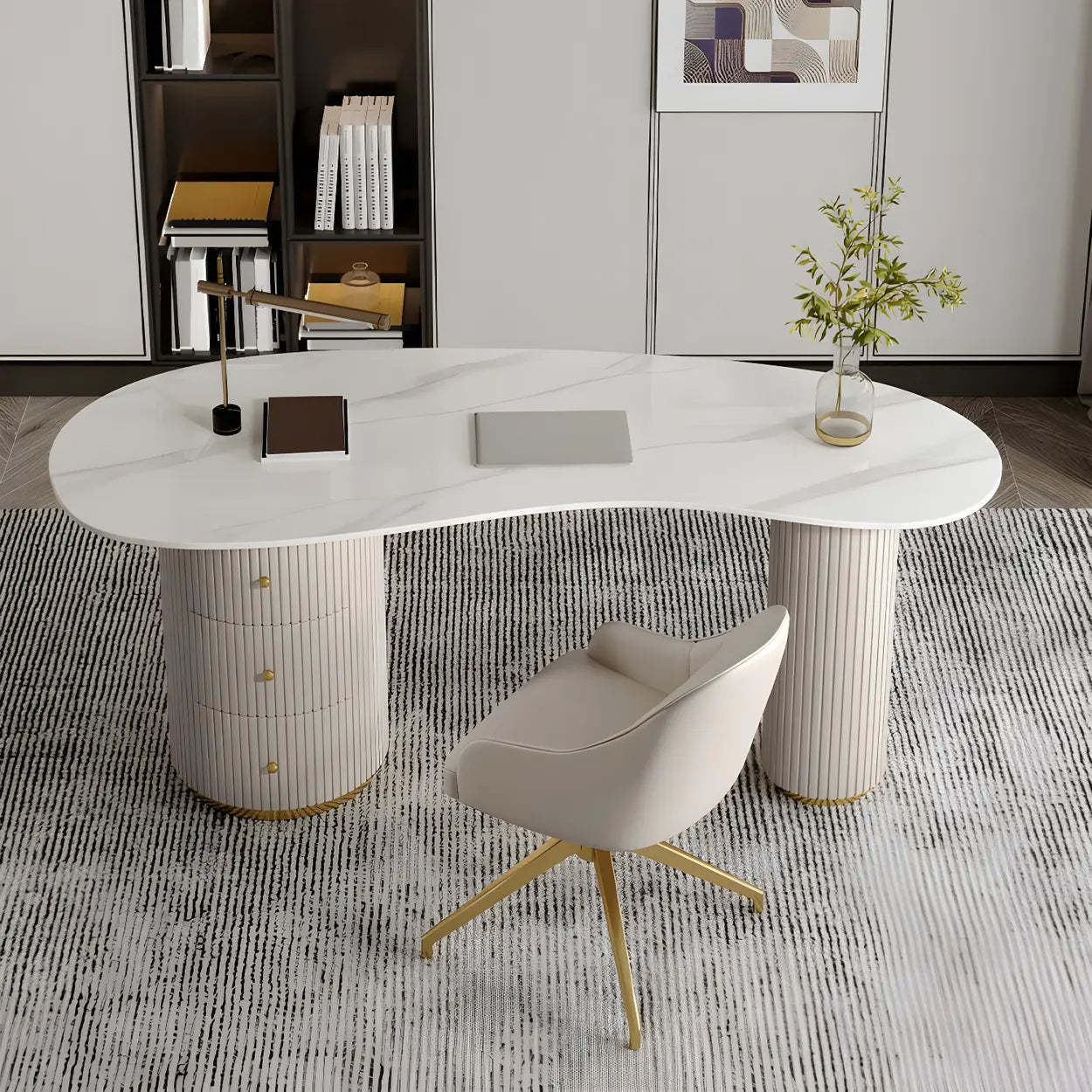 Glam Textured White Stone Free-Form Drawer Writing Desk — White / Table Only