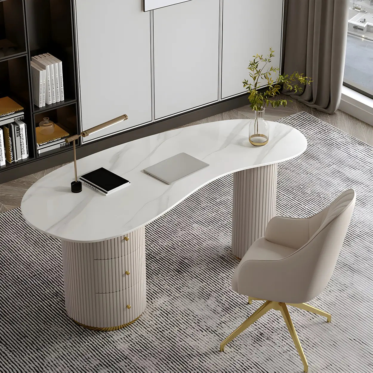 Glam Textured White Stone Free-Form Drawer Writing Desk — Textured White / Table Only