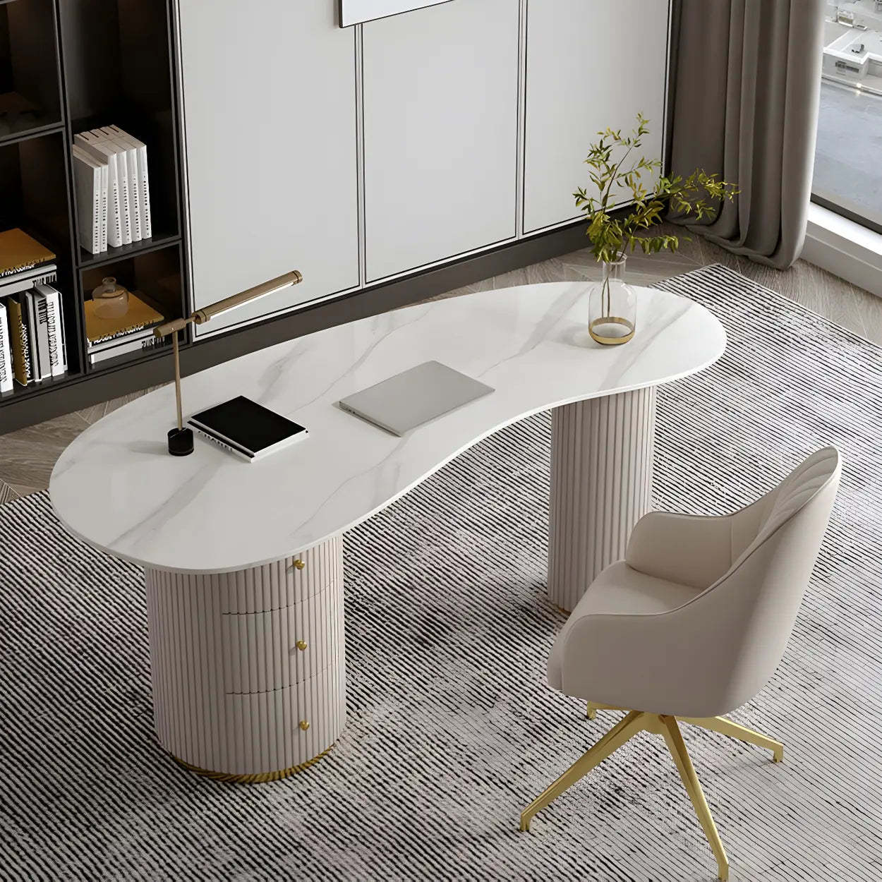 Glam Textured White Stone Free-Form Drawer Writing Desk — Textured White / Table Only