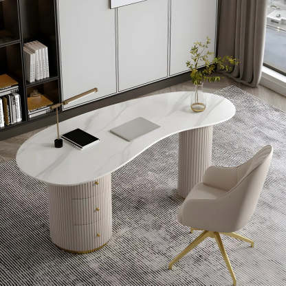 Glam Textured White Stone Free-Form Drawer Writing Desk — Textured White / Table Only